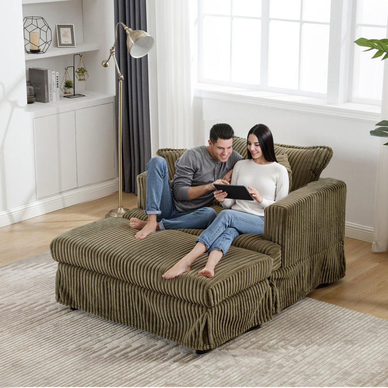 Tanaka Oversized Upholstered Indoor Chaise Lounge Chair with Ottoman 2 Pillows Ebern Designs Upholstery Color Green Corduroy